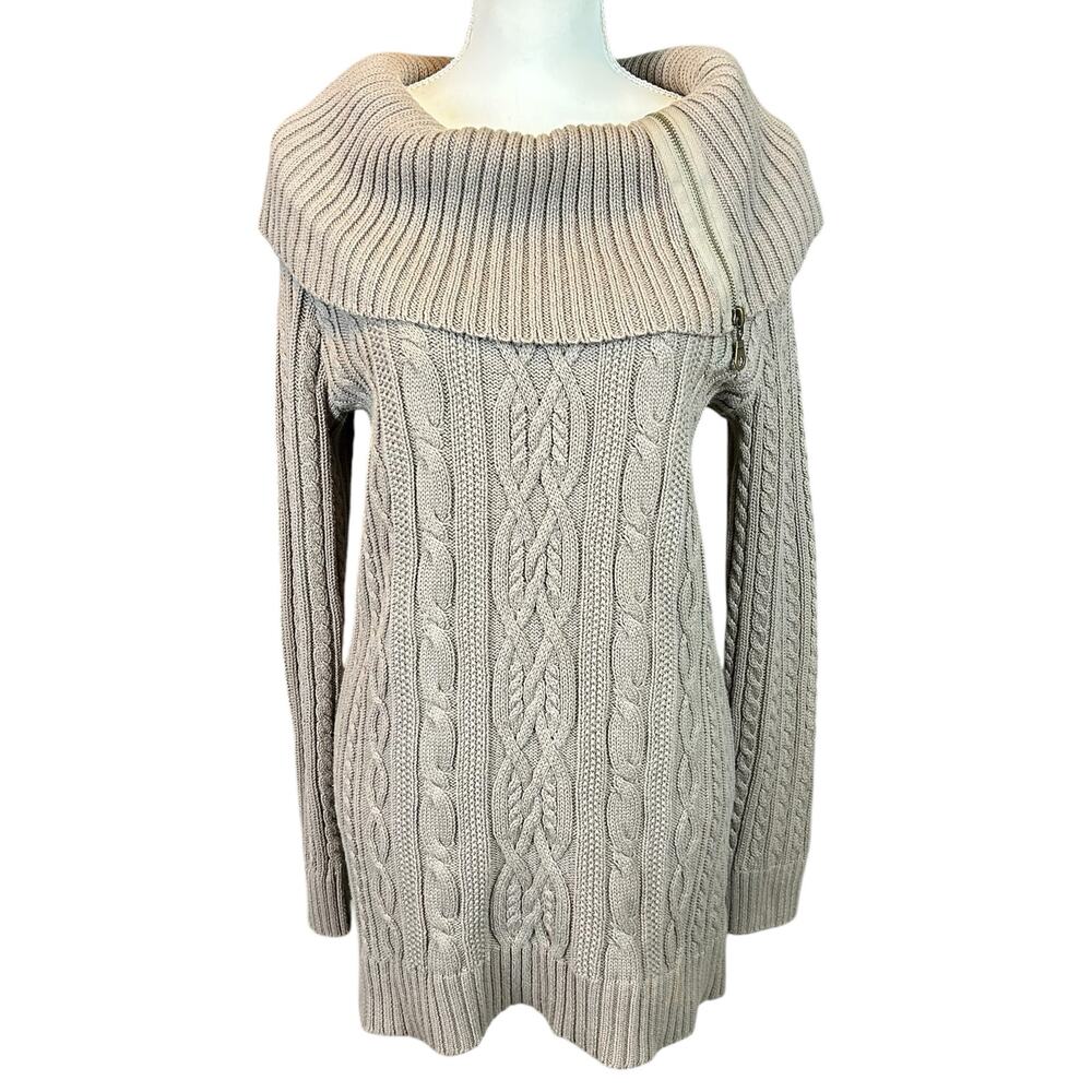 Jeanne Pierre Cotton Sweater Women Sz Small Brown Cable Knit Zip Cowl Neck Tunic
